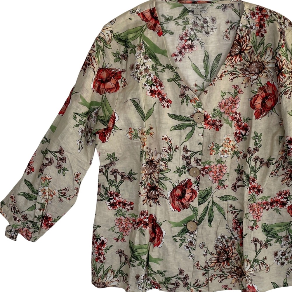 Hester &‎ Orchard Floral Linen Blend Button Front Top Blouse Shirt Women's L